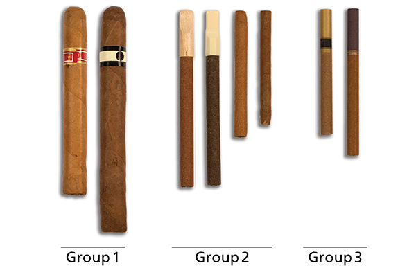 3 cigar groups. Group 1 shows examples of traditional cigars. Group 2 shows examples of cigarillos with and without plastic and wood tips. Group 3 shows examples of filtered cigars.